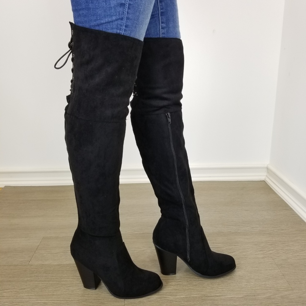Suede Over the knee heel Boots with lace up back - Picture 6 of 8